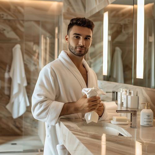 arafed man in a bathrobe standing in front of a bathroom sink